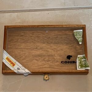 Vintage Cohiba Habanos 5 Robustos EMPTY Wooden Cigar Box Glass Top Brass Hinge